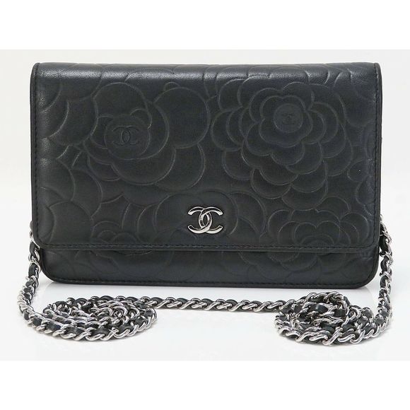 Auth CHANEL Black Camellia Pattern Leather Wallet on Chain Bag WOC 43425 - Picture 3 of 12